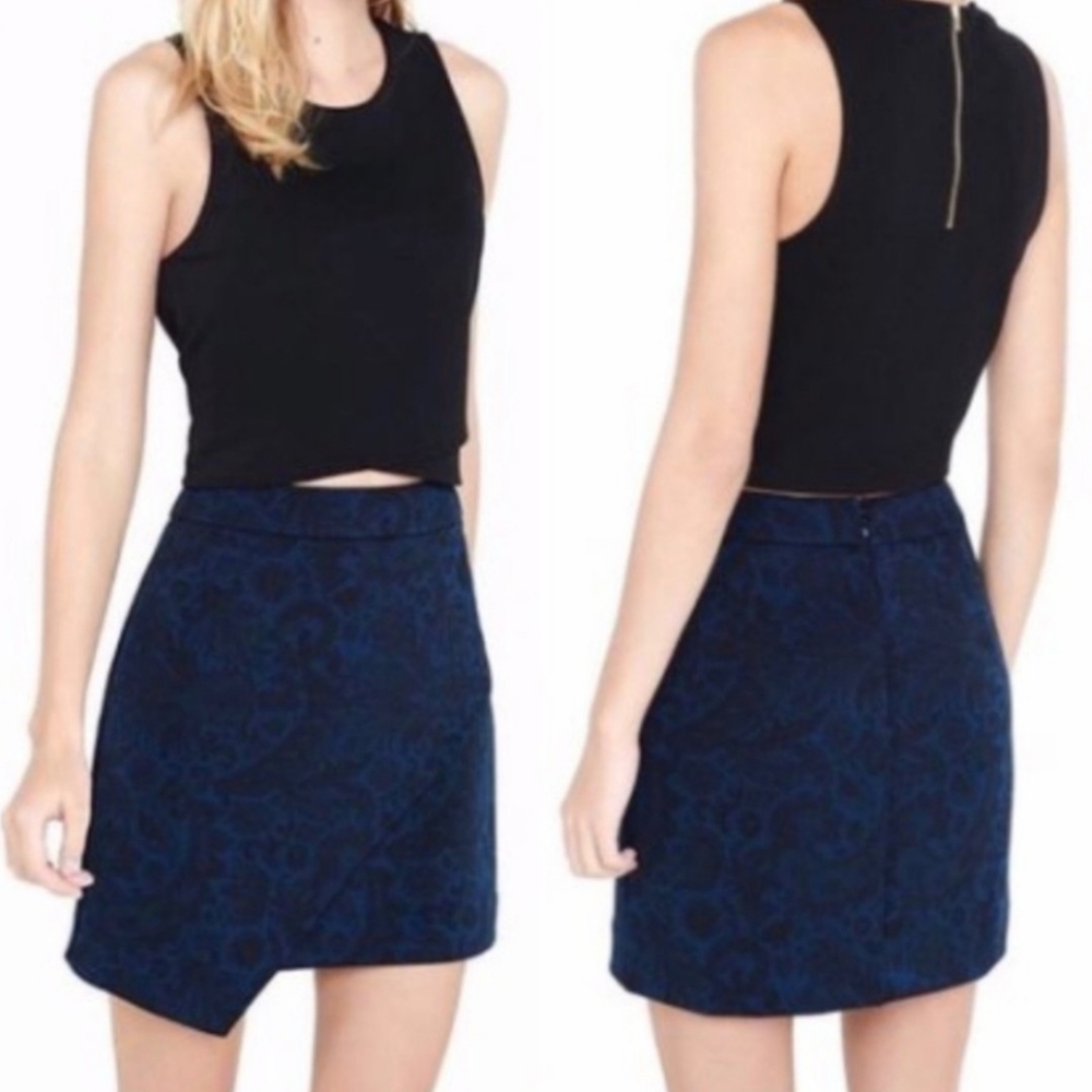 EUC•Express•Asymmetrical• Women's Dark Blue with Black Lace Print Skirt•Size 2 - Picture 2 of 7